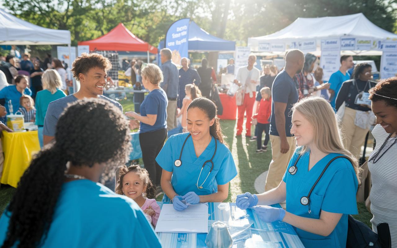 Medical volunteers and community members at a Red Cross blood drive event